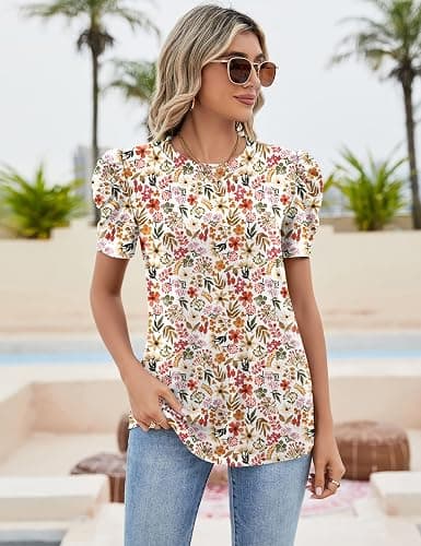 Ivicoer Puff Short Sleeve Shirt for Women Eyelet Tops Summer Crewneck Blouse Loose Fit S-XXL thumbnail 2