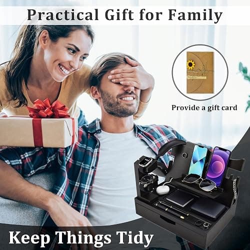KWYADLUO Nightstand Organizer for Men with Large Drawer, Birthday Gifts for Men Father Husband, Wood Phone Docking Station, Bedside Organizer for Nightstand Office for Apple Watch, Laptop (Black) thumbnail 6