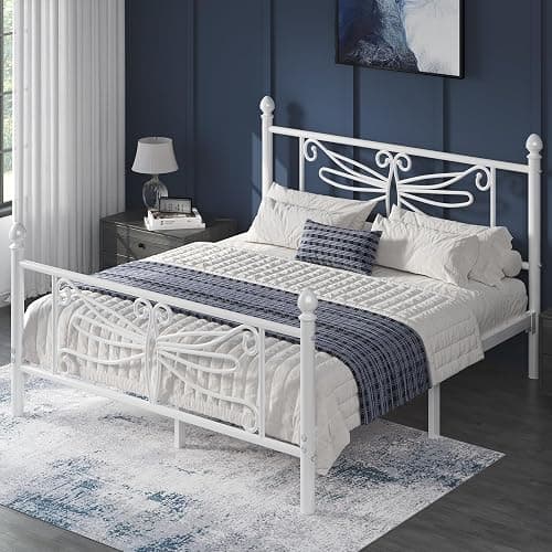 E-Ser Queen Size Bed Frame, Metal Platform Bed Frame with Dragonfly Pattern Headboard and Footboard, Strong Metal Slats Support, No Box Spring Needed, Easy Assembly, Noise-Free, White thumbnail 9