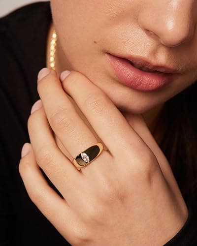 PAVOI 14K Gold Plated Chunky Dome Statement Ring for Women | Marquise Cubic Zirconia Dome Ring | Thick Stackable Bands thumbnail 2