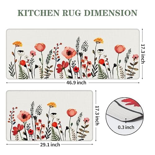 Serwrsw Kitchen Mats for Floor 2 Piece White, Colorful Flower Fern Kitchen Floor Mats for in Front of Sink, Floral Kitchen Rugs Non Slip Washable thumbnail 3