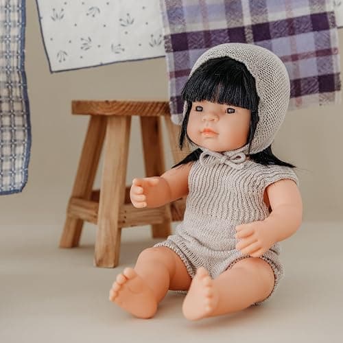 Miniland Dolls: Knitted Doll outfit 38cm - Romper & Bonnet, made of recycled materials, for 38cm Baby doll. Model: Romper & Bonnet in beige. thumbnail 3