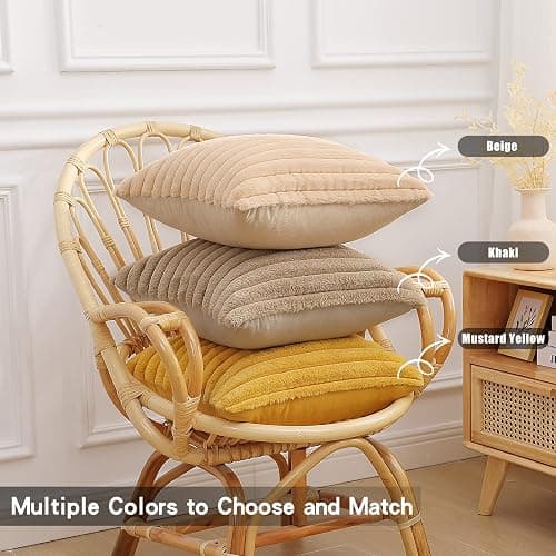 Pallene Faux Fur Plush Throw Pillow Covers 18x18 Set of 2, Luxury Soft Fluffy Striped Decorative Pillow Covers for Sofa, Couch, Living Room, Khaki thumbnail 8