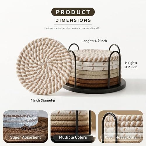 Lazebox Coasters Set of 8 for Drinks, 4 Inch Large Coasters for Coffee Table, Tabletop Protection for Hot & Cold Drinks, Versatile Coasters for Home Decor, Non-Slip & Easy to Clean, Coffee thumbnail 4