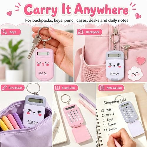 NUOBESTY 2Pcs Mini Calculator Keychain, Pocket Size 8-Digit Flip Cover with Key Ring Cute Small Calculator Students Backpacks Pencil Cases Supplies for School Office Home (Pink & Gray) thumbnail 7