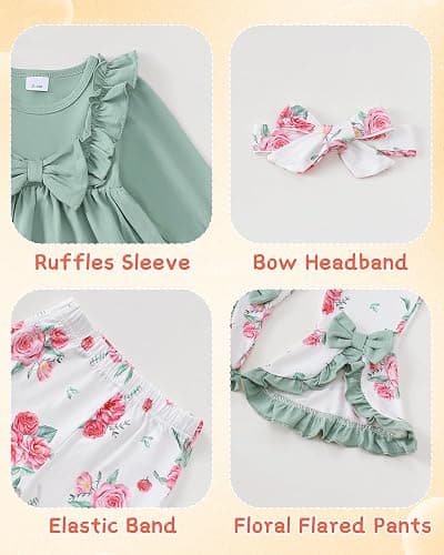 Toddler Baby Girl Clothes Fall/Winter Girls Outfits Ruffle Long Sleeve Tops Floral Flared Pants Girls' Clothing Sets thumbnail 3