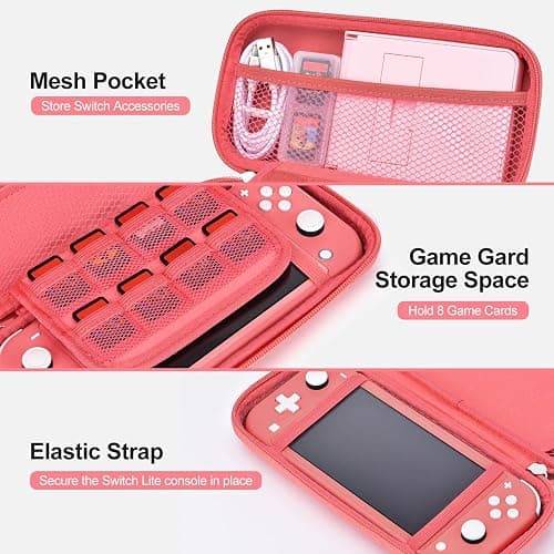 innoAura Switch Lite Case 18-in-1 Accessories Bundle for NS Switch Lite (2019), with Protective Carrying Case, Game Holder, Screen Protector & Cute Thumb Grips, Coral thumbnail 3