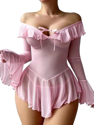 Neohouny Sexy Lingerie for Women Rave Outfits Clubwear See Through Lingerie Sets Bell Sleeve Ruffle Mesh Tops - Image 1