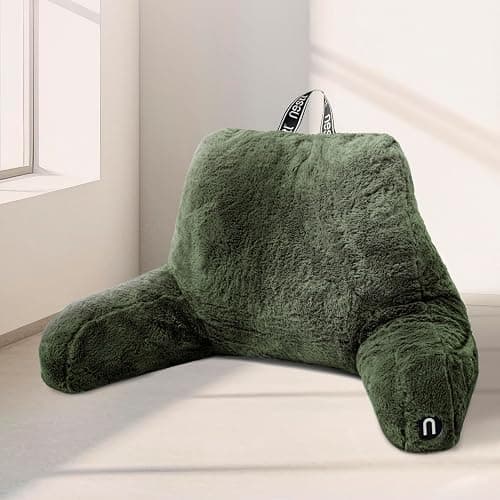 Nestl Fur Reading Pillow, Stylish Back Pillow for Bed Sitting Up, Faux Fur Bed Chair Pillow with Arms, Reading Pillows for Sitting in Bed Adult & Kids, Back Support Pillow for Bed Rest - Olive Green - Standard - Olive Green - Image 1