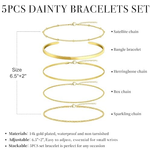 Dainty Gold Bracelet for Women Trendy Non Tarnish, Thin Bracelets Stackable Set with Bangle Cuff, Box, Herringbone, Paperclip, Figaro, Sparkling Link Chains Waterproof, Simple Jewelry Gifts for Women thumbnail 7