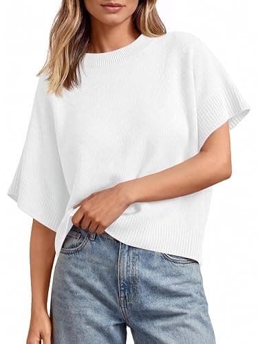 Saodimallsu Womens Short Sleeve Sweaters Crew Neck Lightweight Casual Loose Fit Summer Knit Pullover Tops - Image 1