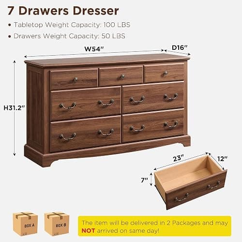 T4TREAM 54" Wide 7 Drawers Dresser Chests for Living Room, Light Walnut | Vintage handle Farmhouse Wood Storage Organizer Bedroom,Hallway thumbnail 2