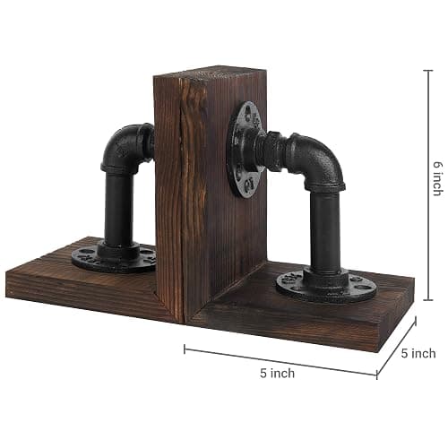 MyGift Book Ends Decorative, Bookends for Shelves, Metal Bookends for Heavy Books, Office Decor for Men, Wood Book Stopper, Realistic Industrial Pipe Design, Dark Brown thumbnail 3
