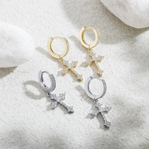 JINAO Cross Hoop Dangle Earrings for Men Women | 14K Gold Silver Plated, 5A+ Cubic Zirconia, Hypoallergenic 925 Sterling Silver Post, Religious Christian Jewelry thumbnail 5