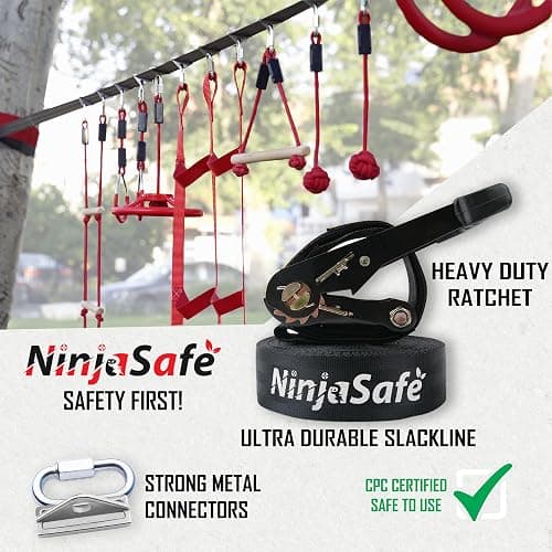 Ninja Obstacle Course for Kids Backyard - 10 Durable Obstacles and 50' Slackline - Outdoor Warrior Obstacle Playset Equipment for Girls & Boys with Monkey Bars, Ladder, Wheel, Gymnastics, Climbing Net thumbnail 5