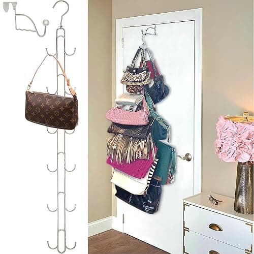 Over Door and Closet Purse Hanger Organizer- 12++ Max Purse Storage, Bag Holder Rotates 360, Quality Heavy Duty Chrome Holds 50lbs; Purses, Handbags, Totes, Crossbody, Backpacks, Fanny, Belt Bags thumbnail 6