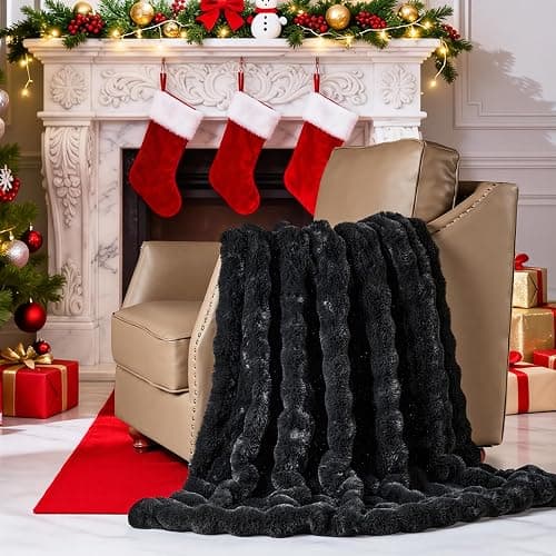 Lotus Karen Faux Fur Throw Blanket Black - Big Bubble Rabbit Fluff Blanket for Couch, Small Fluffy Fuzzy Cozy Blanket, Thick Furry Plush Shaggy Blankets, 50x60 Inches thumbnail 2