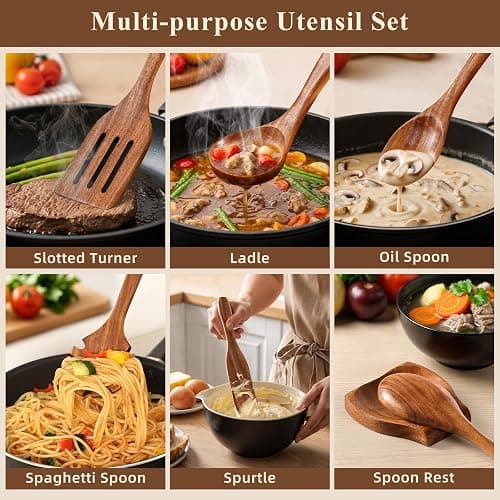 Wooden Spoons for Cooking, 12 Pcs Nonstick Wooden Cooking Utensils Set with Comfort Grip – 100% Natural Teak Wood - Sturdy, Lightweight & Heat Resistant Kitchen Utensils thumbnail 5