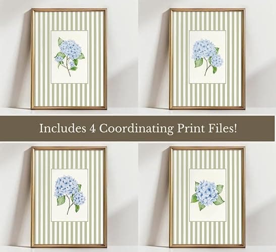 Blue Hydrangea Wall Art Sage Green Striped Rustic Farmhouse Floral Pictures Wall Decor French Country Botanical Posters Vintage Grandmillenial Flower Painting Print Artwork for Bedroom Dorm, Unframed thumbnail 3