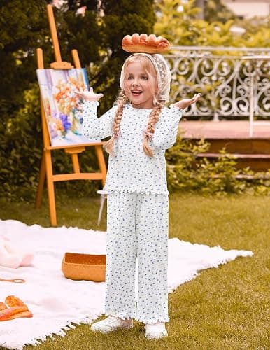 Arshiner Toddler Girl Clothes Fall Outfit Ribbed Lettuce Trim Tops Pant Set | for 2-10 Years Kids, 2 Piece, Long Sleeve, Crew Neck, Floral Wide Leg Pants Sets, Cute Casual Fashion Outfit thumbnail 3