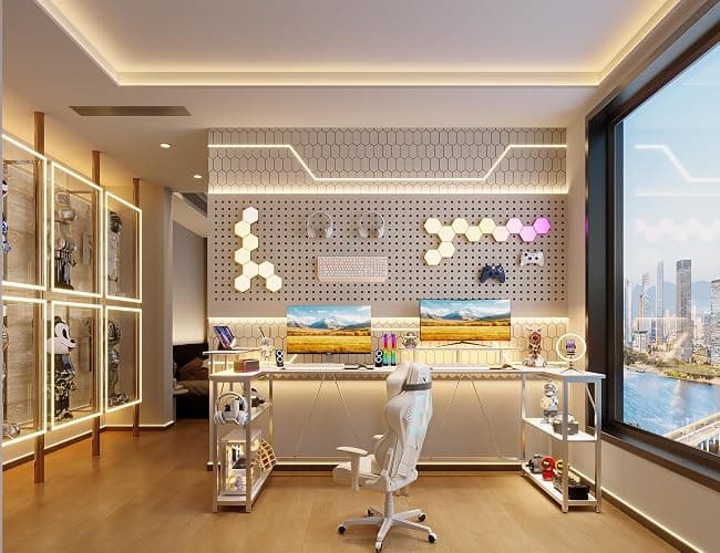 Xyphren L Shaped Gaming Desk with RGB LED Lights & Power Outlets, 120 * 80 cm Small Computer Desk with Adjustable Shelves, Corner Office Desk for Study Workstation, White thumbnail 2