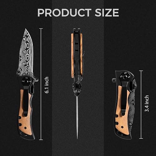 Manual Folding Pocket Knife for Men, Custom Engraved Wood Handle Gift | Laser wave-pattern blade, wood handle, manual folding 6.1in EDC; gift for dad husband son groomsmen birthday thumbnail 2