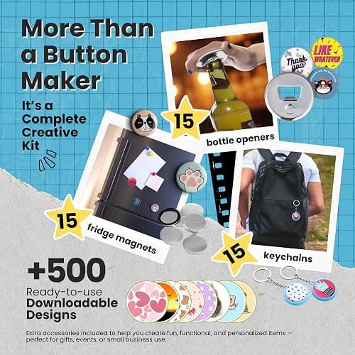 Button Maker Machine 1+1.25+2.5 Inch Pin Maker Kit - Multiple Size Molds, 500 Buttons, 15 Fridge Magnets, 15 Bottle Openers, 15 Keychains, Cutters, and 500+ Button Designs for DIY Crafts thumbnail 2