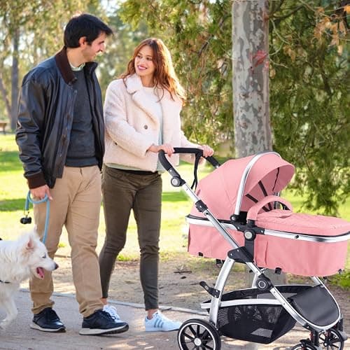 Hagaday Baby Stroller, 2-in-1 Reversible Toddler Seat with Bassinet Mode, Foldable Infant Stroller with Canopy, One Button Brake, Adjustable Handle, Newborn Pushchair(Pink) thumbnail 2