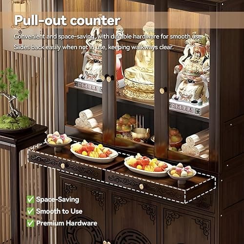YKLYTBD Bamboo Home Altar Table Cabinet with Acrylic Dustproof Doors, Pull-Out Worship Platform & Storage Shelves, Multi-Tier Buddhist Butsudan Shrine for Meditation Room, Oriental Zen Style thumbnail 4