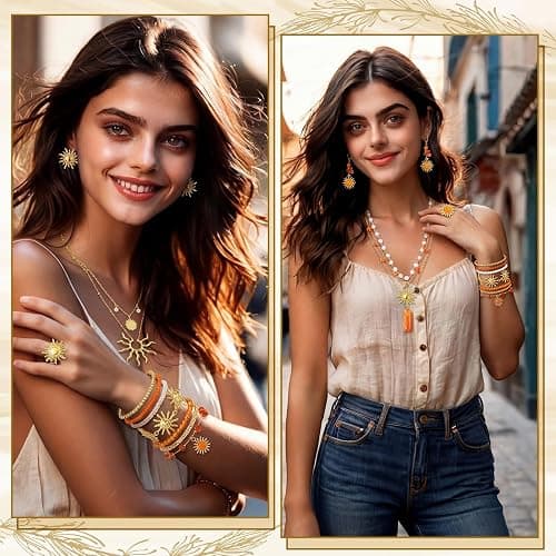 Tondiamo 16 Pcs Gold Sun Jewelry Set for Women Sunburst Earrings Rings Boho Hippie Layer Charm Necklace Summer Beach Bracelets Anklet for Holiday Vacation Accessories thumbnail 2