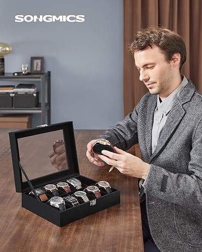 SONGMICS Watch Box with 10 Slots, Watch Case with Glass Lid, Watch Display Box with Removable Watch Pillows, Metal Clasp, Gift Idea, Black Synthetic Leather, Black Lining JWB010B02 thumbnail 2