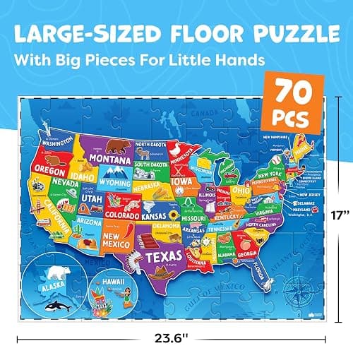 United States Puzzles for Kids Ages 4-6 - Educational Toys for 4+ Year Old Boys & Girls - 70pcs USA Map Kids Puzzle with 50 States & Capitals - Floor Jigsaw Puzzles - Gifts for Grandkids thumbnail 2