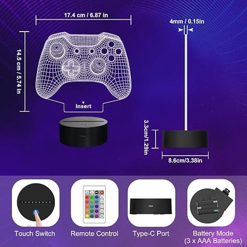 Attivolife Gamepad 3D Illusion Lamp, Controller Night Light with Remote Control + Timer 16 Color Changing Desk Lamp Kids Gamer Room Decor Plug in Best Cool Festival Birthday Gift for Boy Men thumbnail 3