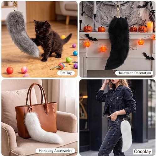 3 Pack Fox Therian Tail Keychain, Atiofber 15.75in Furry Faux Fur Tail Raccoon Tails Wolf Bag Charm Halloween Cosplay thumbnail 4