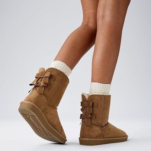 BlackTwig Women's Mid Calf Suede Winter Boots, Slip-On Snow Boots, Cozy Fur Lined, Back Bow Design thumbnail 7