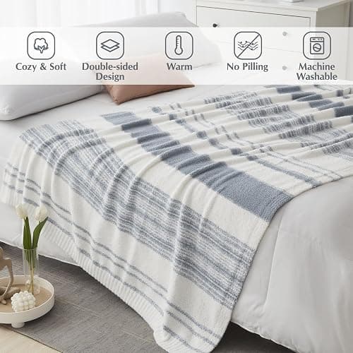 Grey Blue Throw Blanket, 50x70 Soft Cozy Striped Throw Blankets for Couch, Sofa, Bed, Travel, Lightweight Fluffy Warm Plush Decorative Blankets for Women, Men Gift thumbnail 4