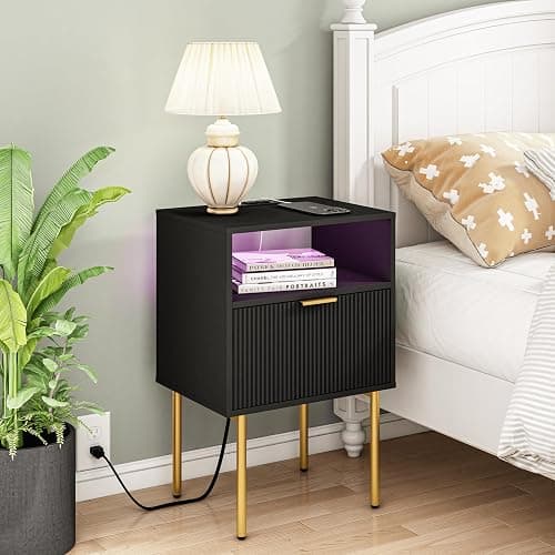 Modern Nightstand with Charging Station and LED Lights, Black Nightstand with Drawer, Fluted Nightstand for Living Room, Bedroom thumbnail 3