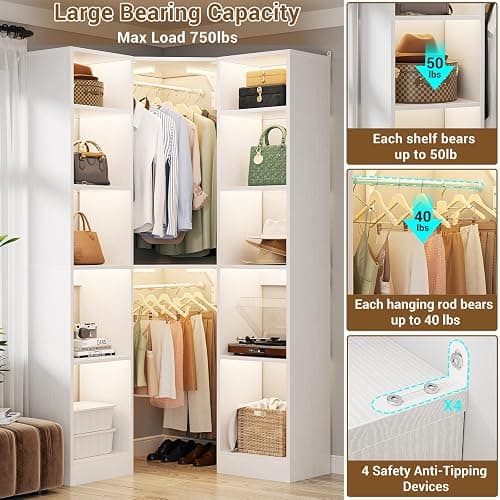 Besiost Corner Closet System with 12 Shelves, 39.2" Corner Closet Organizer System with 2 Hanging Rods, Versatile 6-Tier Walk-in Closets for Corner Space, White (39.2" L x 39.2" W x 80" H) thumbnail 6