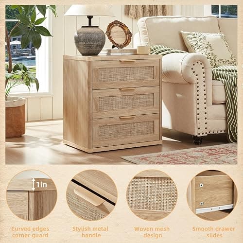 LEYAOYAO Rattan Night Stand Set of 2 with Drawers, 23" Large 3 Drawer Boho Nightstand, Natural Wood Bedside Table Storage Cabinet, Bed Side End Tables Dresser for Bedroom, Living Room, Hallway, Closet thumbnail 6