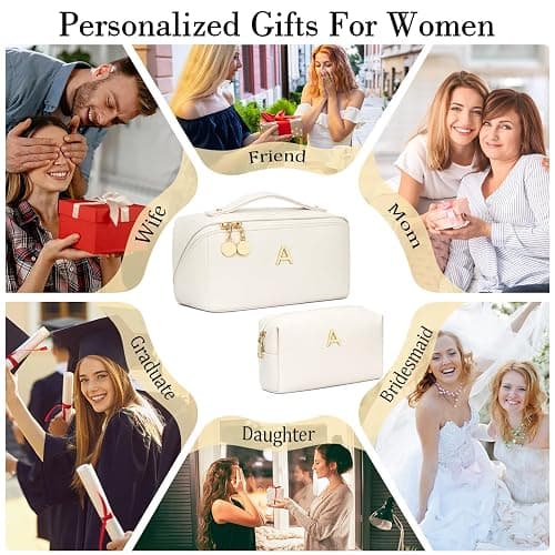 CLOUDWINGS Birthday Gifts for Women Teen Girl, Personalized Initial Makeup Organizer Bag Set, Open Flat Travel Cosmetic Bag With Clear Divider and Handle(Beige,A) thumbnail 3