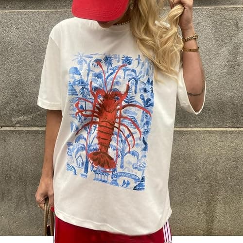 Women Cute Graphic Oversized Tees Fish Lobster Printed Y2K Baggy T Shirts Teen Girls Preppy Vintage Aesthetic Summer Tops thumbnail 3