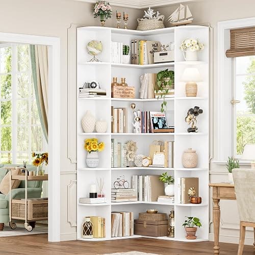 FOTOSOK 74” Tall Corner Bookshelf, 6-Tier Bookshelf and Bookcase with Open Storage, L Shaped Tall Bookcases Wooden Storage Shelves for Home Office, Thickened Boards for Better Load Bearing, White thumbnail 3