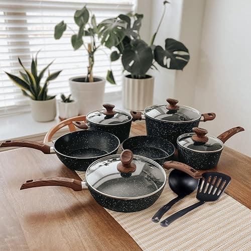MAISON ARTS Pots and Pans Set Non Stick, 12 Piece Black Granite Kitchen Cookware Induction Compatible, Pot and Pan Sets for Cooking Nonstick thumbnail 2
