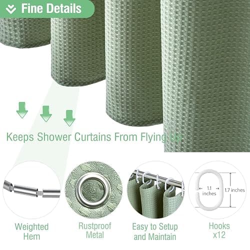 Dynamene Sage Green Shower Curtain - Waffle Textured Heavy Duty Thick Fabric Shower Curtains for Bathroom, 256GSM Luxury Weighted Polyester Cloth Bath Curtain Set with 12 Plastic Hooks，72Wx72H,Green thumbnail 6