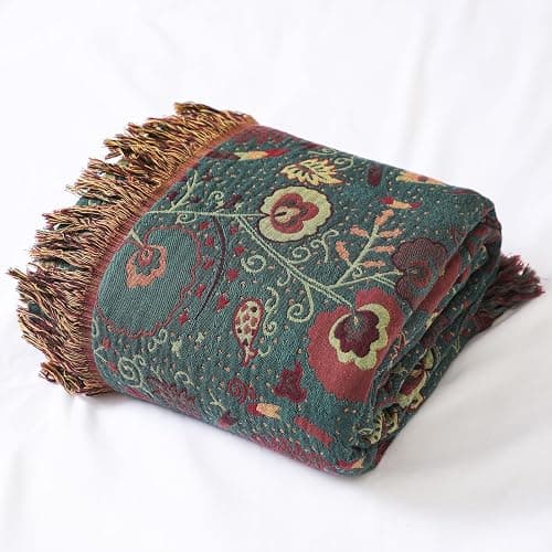 Boho Throw Blanket for Bed 100% Cotton Ultra Soft Rustic Quilt Farmhouse Decor Bed Fall Blanket,All Season Rustic Throw for Sofa Couch Chair (Flower-Dark Green, 60"×80") thumbnail 8