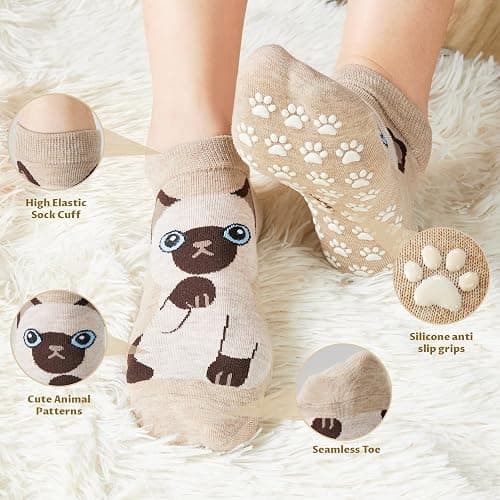 Non Slip Grippy Socks for Women Girls 5 Pack Cute Cat Grip Socks Pilates Slippers Footies for Yoga Barre Hospital thumbnail 3