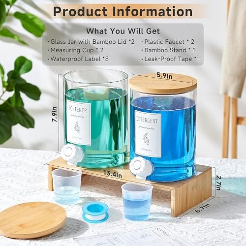 Glass Laundry Detergent Dispenser with Shelf & Bamboo Lid - 120 Oz Liquid Detergent, Laundry Soap & Fabric Softener Dispenser for Laundry Room Organization and Storage with 2 Cups & 8 Labels thumbnail 3