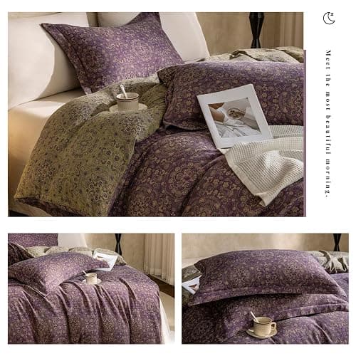 mixinni Purple Green Floral Duvet Cover King Size, Elegant Double-Layer Yarn Premium Cotton Vintage Duvet Cover Set, Exquisite Jacquard Design Bedding Set with 2 Pillowcases Perfect for Him and Her thumbnail 7