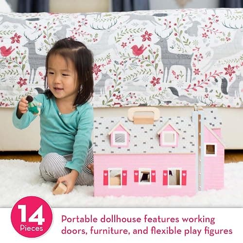 Melissa & Doug Fold & Go Wooden Dollhouse with 2 Dolls and 11 Pieces of Furniture - Portable Mini Doll House with Accessories and Toy Figures, Ages 3+ thumbnail 3