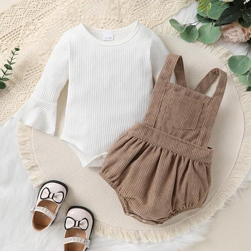 Tiny Cutey Newborn Baby Girl Clothes Bell Sleeve Romper and Corduroy Overalls Shorts Infant Girl Fall Outfits thumbnail 3